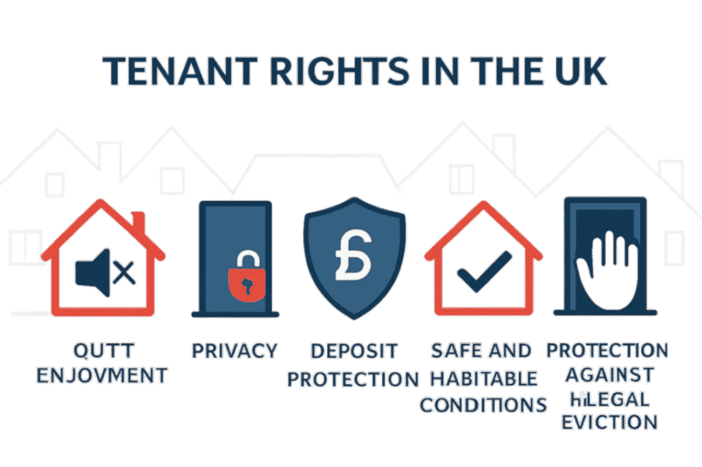 Tenant rights in UK room rental agreements - right to quiet enjoyment, privacy protection, deposit protection, safe habitable conditions, protection against illegal eviction